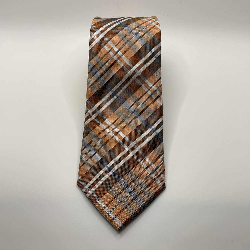 STAFFORD TAILORED CULTURE TIE 100% SILK ORANGE BLUE WHITE PLAID 59 X 3‎
